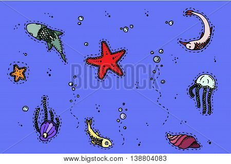 Sea underwater creatures. Hand drawn vector stock illustration.
