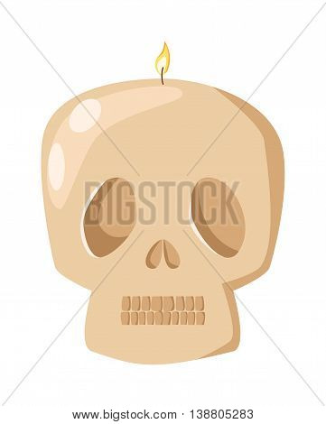 Burning skull bones head wax candle flat vector illustration. Cartoon candle on a saucer. Traditional holidays candles isolated vector.