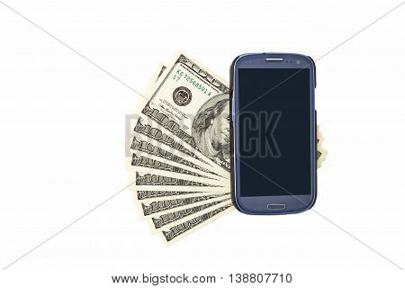 Smartphone lying on the United States dollars, isolated on a white background