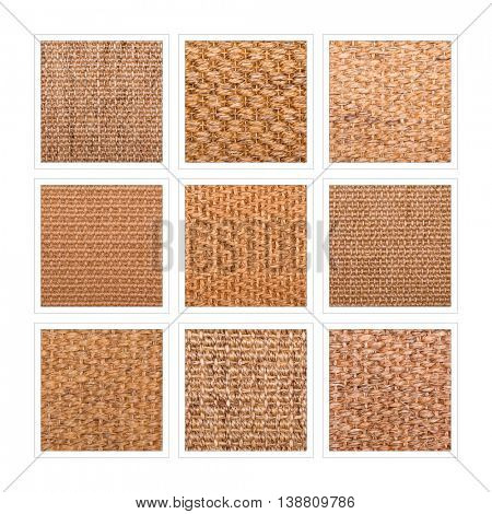 A nine square collage of sisal flooring samples showing a variety of weaves and patterns. 