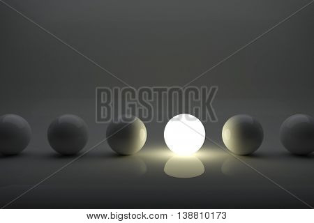 One illuminater ball among grey balls in the row. Iindividuality concept 3D rendering image.