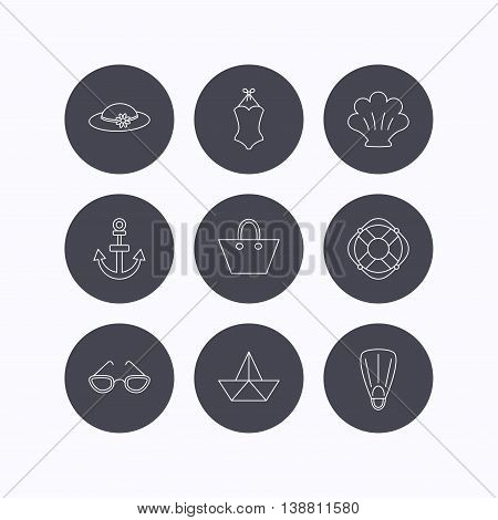 Paper boat, shell and swimsuit icons. Lifebuoy, glases and women hat linear signs. Anchor, ladies handbag icons. Flat icons in circle buttons on white background. Vector