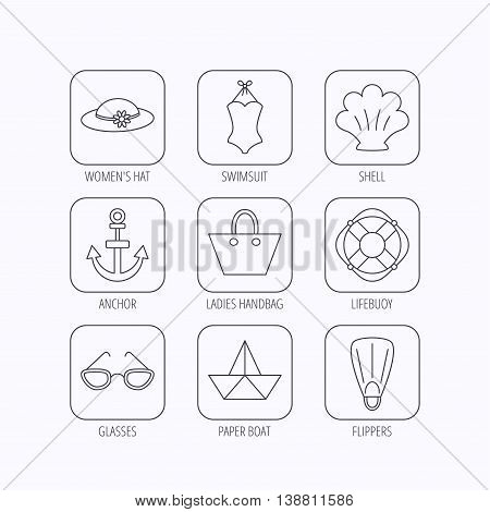 Paper boat, shell and swimsuit icons. Lifebuoy, glases and women hat linear signs. Anchor, ladies handbag icons. Flat linear icons in squares on white background. Vector