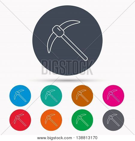 Mining tool icon. Pickaxe equipment sign. Minerals industry symbol. Icons in colour circle buttons. Vector