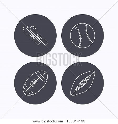 Sport fitness, rugby ball and baseball icons. American footbal, skis linear signs. Flat icons in circle buttons on white background. Vector
