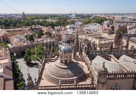Panoramic view of Seville in Spain with Plaza del Triunfo