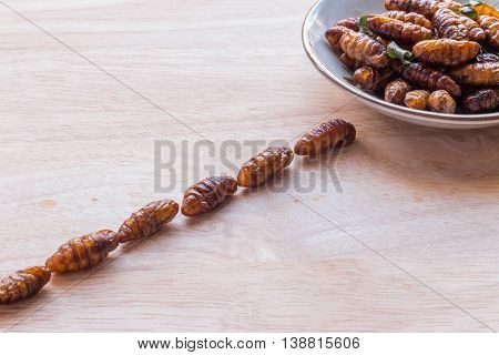 Fried Insects - Wood Worm Insect Crispy Walking Into The Dish On Woodern Background, Abstract, Conce