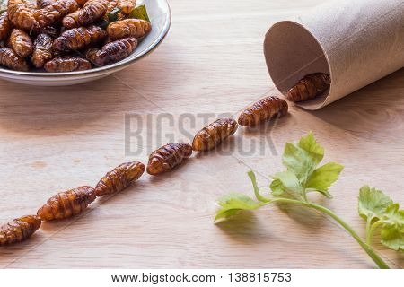 Fried Insects - Wood Worm Insect Crispy Walking Into The Dish On Woodern Background, Abstract, Conce