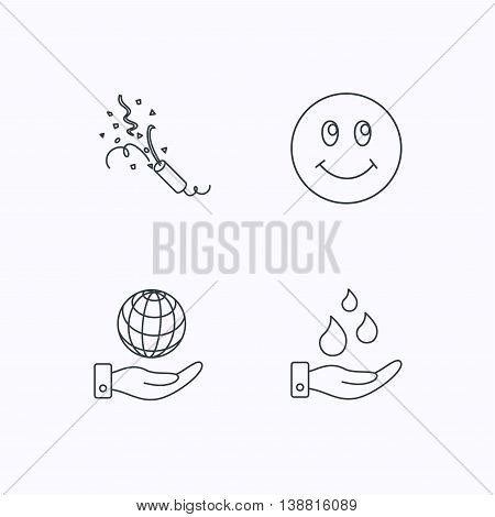 Save water, save planet and slapstick icons. Smiling face linear sign. Flat linear icons on white background. Vector