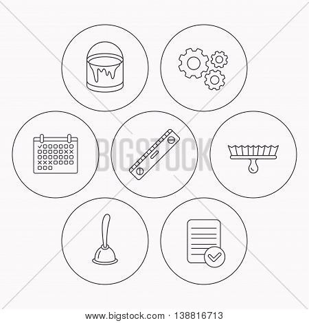 Level tool, plunger and brush tool icons. Bucket of paint linear sign. Check file, calendar and cogwheel icons. Vector