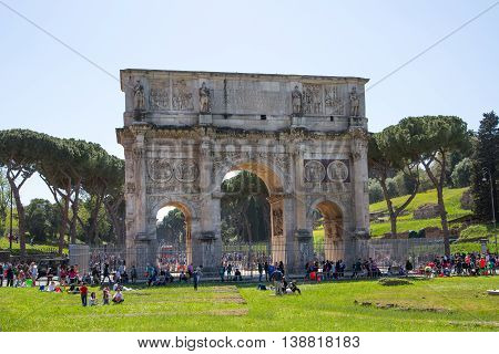 ROME, ITALY - APRIL 8, 2016: Arch of Constantine, ancient construction of emperor victory over Maxentius in 312AD, Locates next to Coliseum