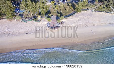Aerial view looking down on Burleigh beach at sunrise. Gold Coast, Australia