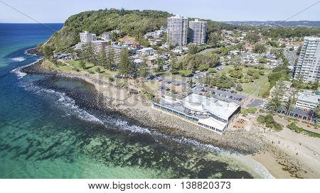 Aerial view of Burleigh Headland and shoreline. Gold Coast, Australia