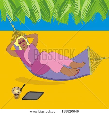 Illustration of a young blonde girl freelancer resting in a hammock on the sea beach