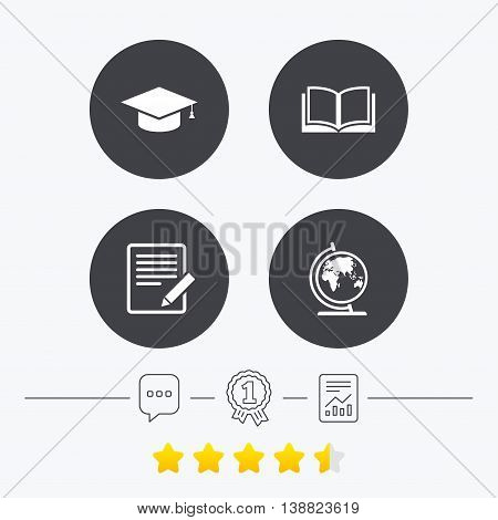 Pencil with document and open book icons. Graduation cap and geography globe symbols. Learn signs. Chat, award medal and report linear icons. Star vote ranking. Vector
