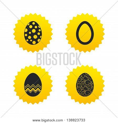 Easter eggs icons. Circles and floral patterns symbols. Tradition Pasch signs. Yellow stars labels with flat icons. Vector