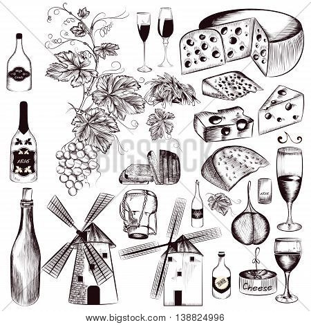 Big set or collection of high detailed vector elements cheese vine grape mill and other in vintage style symbol of Holland or France