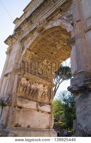 ROME, ITALY - APRIL 8, 2016: Arch of Constantine, ancient construction of emperor victory over Maxentius in 312AD, Locates next to Coliseum