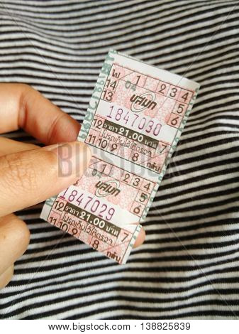 a pair of thai bus ticket released by BMTA, Thailand, pricing 21 baht per each one