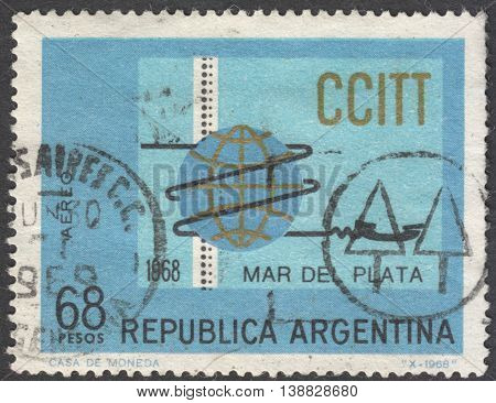 MOSCOW RUSSIA - CIRCA JANUARY 2016: a post stamp printed in ARGENTINA devoted to the 4th Plenary Assembly of International Telegraph and Telephone Consultative Committee Mar del Plata circa 1968