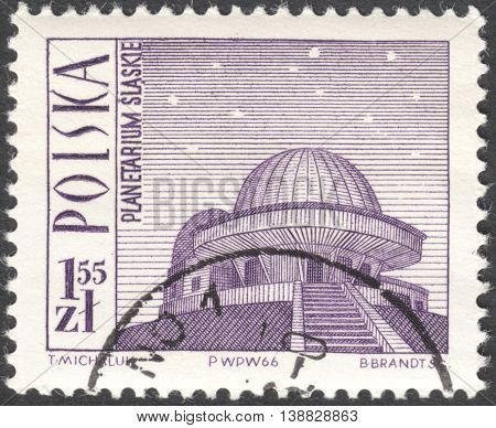 MOSCOW RUSSIA - CIRCA JANUARY 2016: a post stamp printed in POLAND shows a planetarium Katowice the series "Tourism" circa 1966