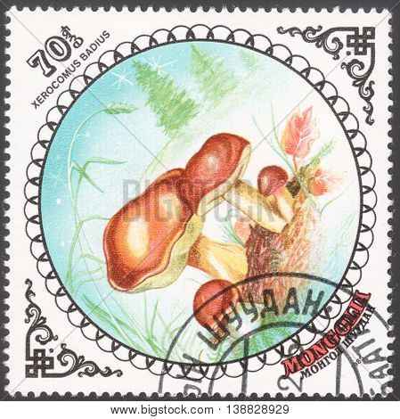 MOSCOW RUSSIA - JANUARY 2016: a post stamp printed in MONGOLIA shows a mushroom with the inscription 