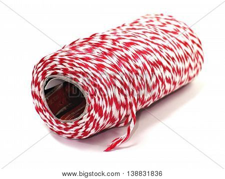 red and white corduroy rope roll isolated on white background