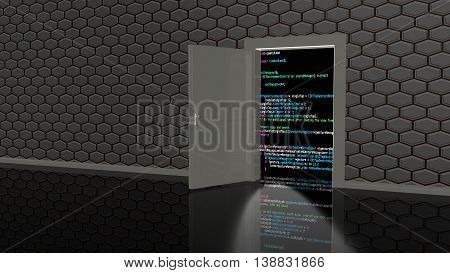 Door in a wall in a black room textured with hexagons leading to a computer code background 3D illustration backdoor concept