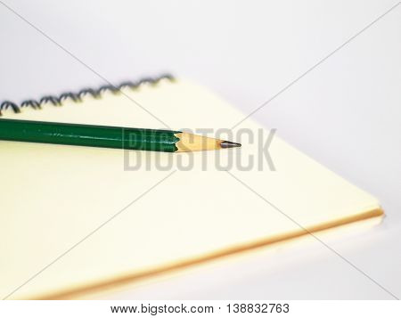 green pencil on a plain ring binder notebook, side view