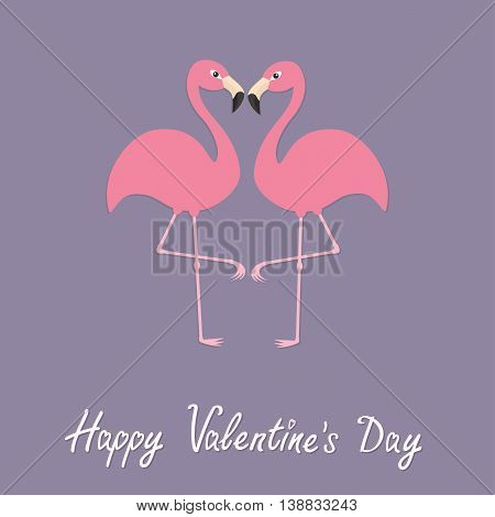 Flamingo couple neck heart shape. Exotic tropical bird. Zoo animal collection. Cute cartoon character. Happy Valentines day. Love greeting card. Decoration Flat Violet background. Vector illustration
