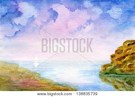 Seascape, cloudy sky, sand beach, stone mountain and boat on the horizon. Hand painted watercolor illustration and paper texture