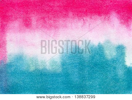 Abstract pink and blue streaks. Hand painted watercolor illustration and paper texture