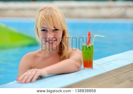 Women Drinking Cocktail In Pool