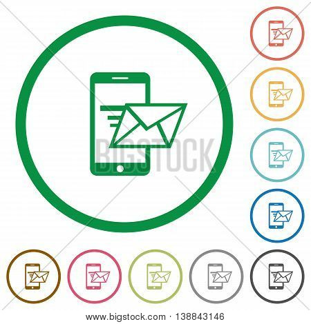 Set of sending email color round outlined flat icons on white background