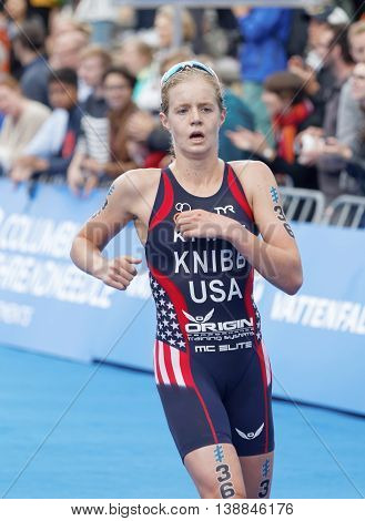 STOCKHOLM - JUL 02 2016: Triathlete Taylon Knibbs (USA) running at the finish in the Women's ITU World Triathlon series event July 02 2016 in Stockholm Sweden