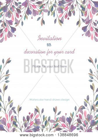 Background, template postcard with a floral ornament of the watercolor pink and purple leaves and branches, hand drawn in a pastel on a white background