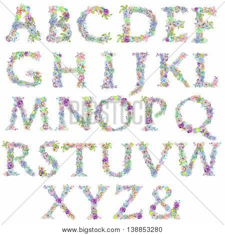 English alphabet of watercolor flowers, isolated hand drawn on a white background, wedding design, english capital letters for the festive and wedding decor and cards