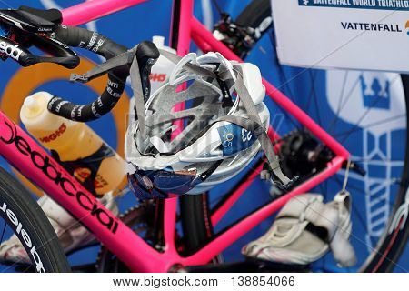STOCKHOLM - JUL 02 2016: Closeup of a professional triathlon cycles in the Women's ITU World Triathlon series event July 02 2016 in Stockholm Sweden