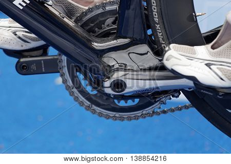 STOCKHOLM - JUL 02 2016: Closeup of a professional cycle and shoes in the Women's ITU World Triathlon series event July 02 2016 in Stockholm Sweden