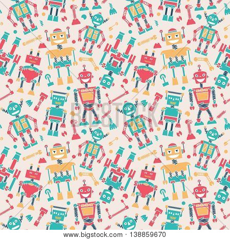Cute retro robots colorful silhouette vector background seamless pattern