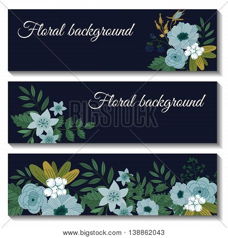 Flowers invitation design template to celebration on banner with flower decoration vector illustration. Vintage flowers in modern style. Flowers banner for romantic and wedding design. Banner template for announcements, greeting banner. Flowers background