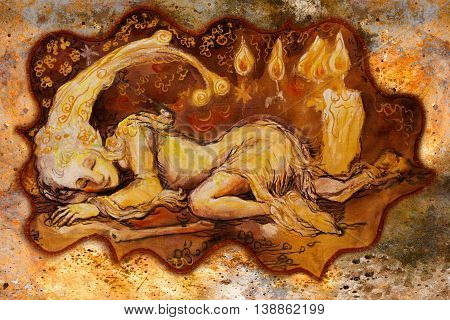 collorful illustration of gentle little elf creature sleeping by candlelight.