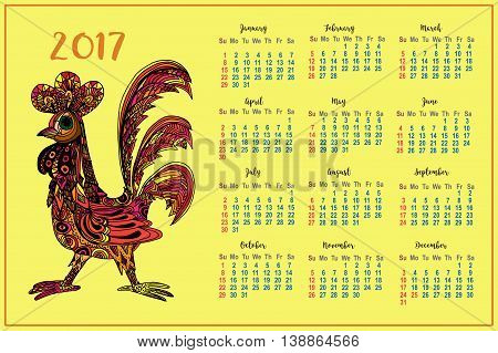 Decorative cock. Hand drawn vector stock illustration. Year 2017 symbol. Calendar with rooster