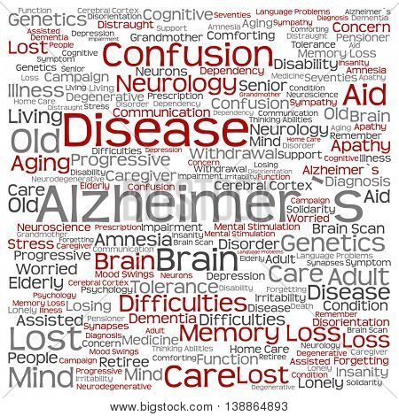 Concept conceptual Alzheimer`s disease symtoms abstract square word cloud isolated on background