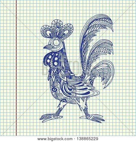 Decorative cock. Hand drawn vector stock illustration. Year 2017 symbol. Sheet ball pen drawing.