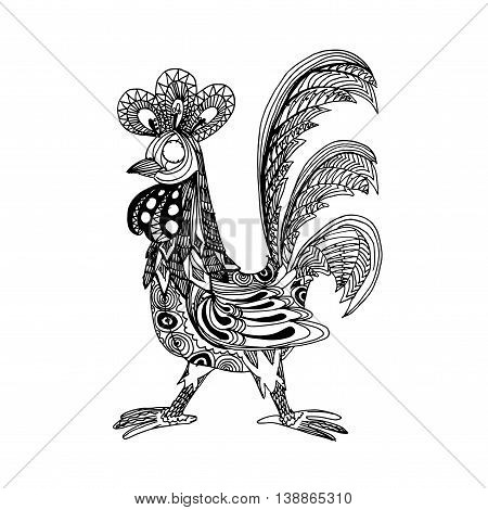 Decorative cock. Hand drawn vector stock illustration. Year 2017 symbol. Black and white whiteboard drawing.