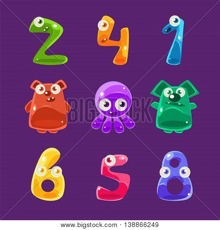 Numbers Shaped Animals And Other Jelly Creatures Set Of Bright Glossy Drawings In Fantastic Childish Style On Dark Background