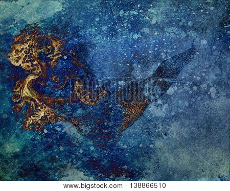 abtract background with ocean mermaid drawing and blue spotted pattern