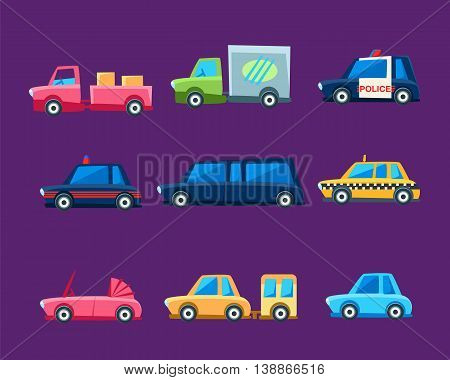 Different Toy Cars Set Of Bright Color Vehicles In Simple Childish Style Isolated On Dark Background