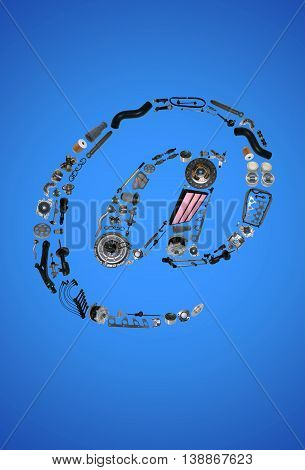 Dogbody or email icone with auto parts for car. Spare parts for car for shop, aftermarket OEM. Many auto parts isolated in email icone
